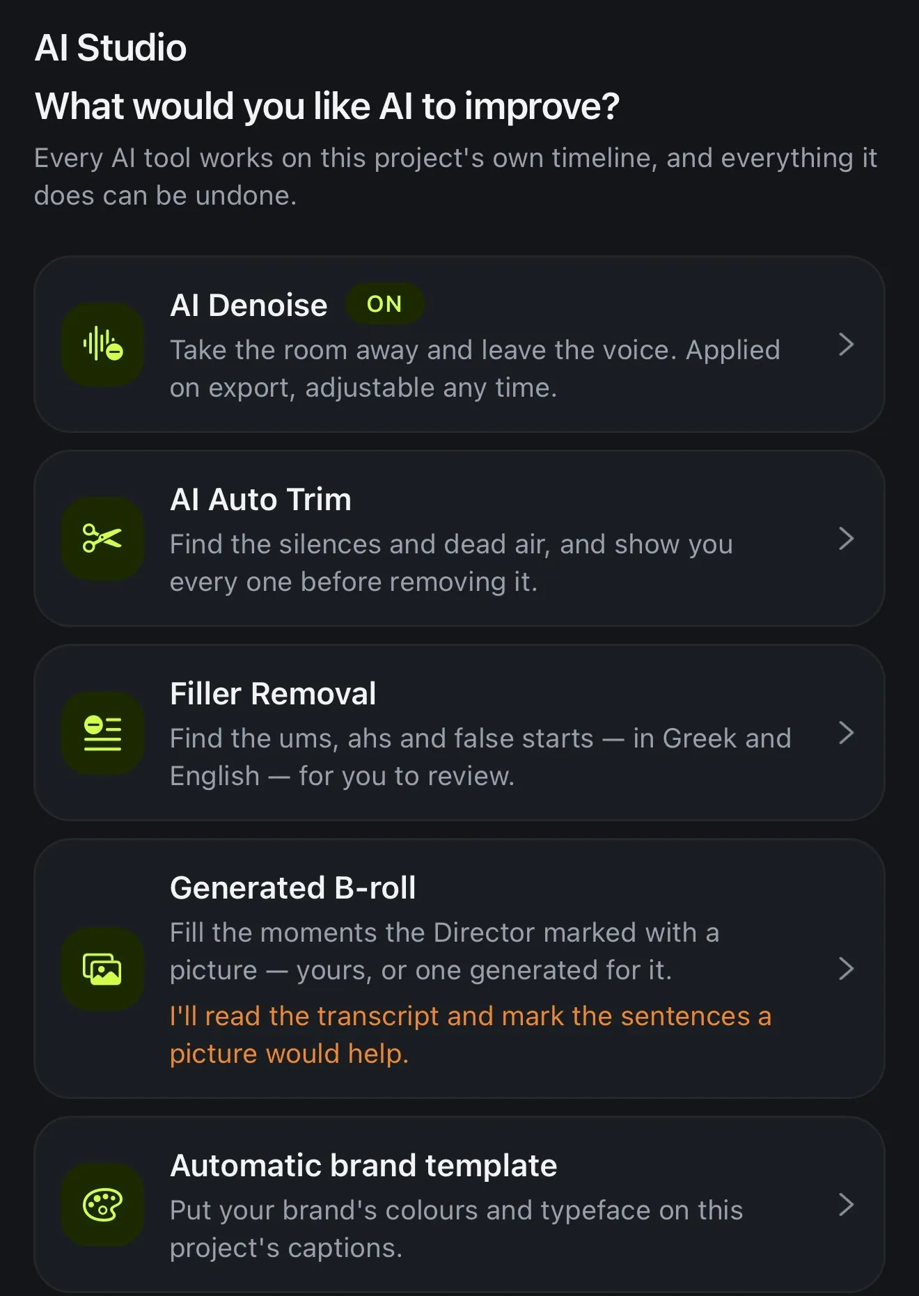 AI Studio in Voxcene, listing AI Denoise, AI Auto Trim, Filler Removal, Generated B-roll and Automatic brand template
