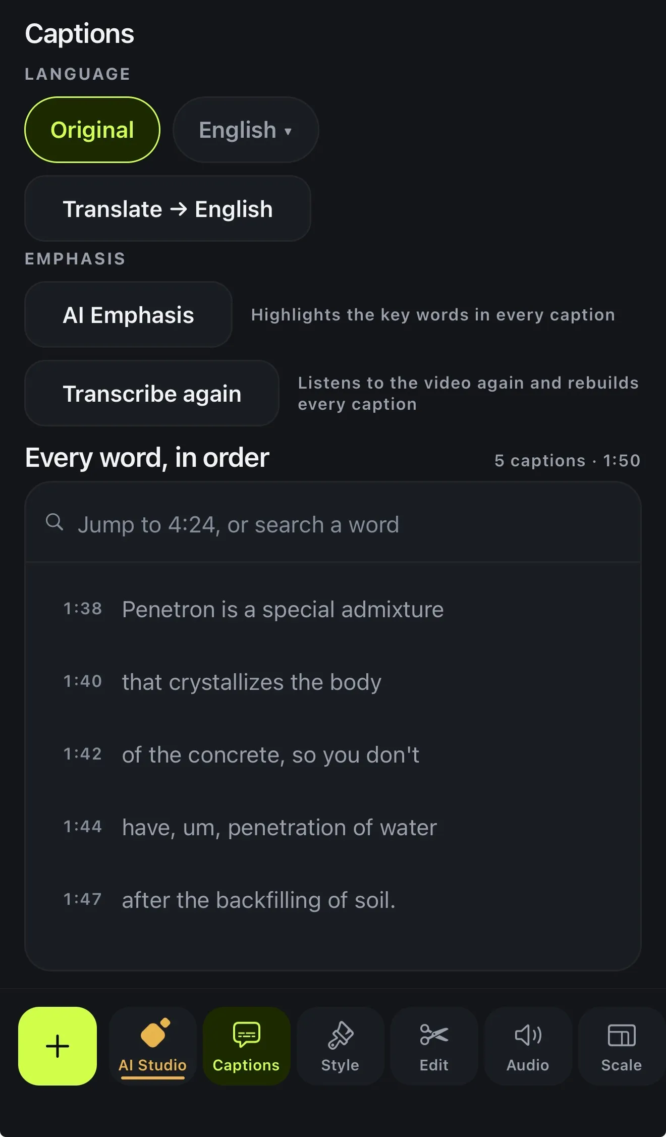 The Captions panel in Voxcene with Language set to Original or English and a Translate → English button
