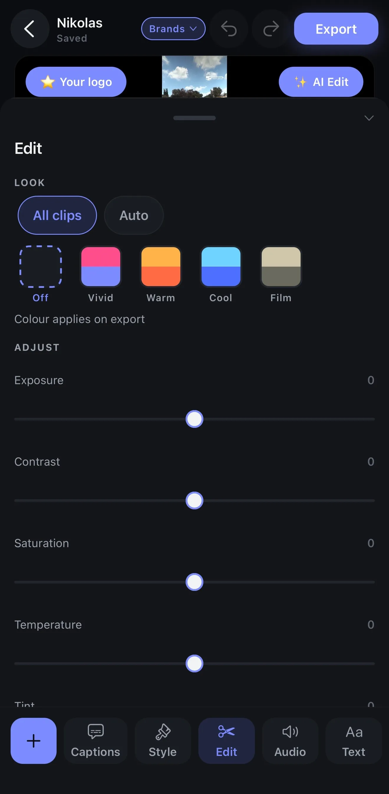 The Edit panel: the four graded looks, and the exposure and contrast sliders