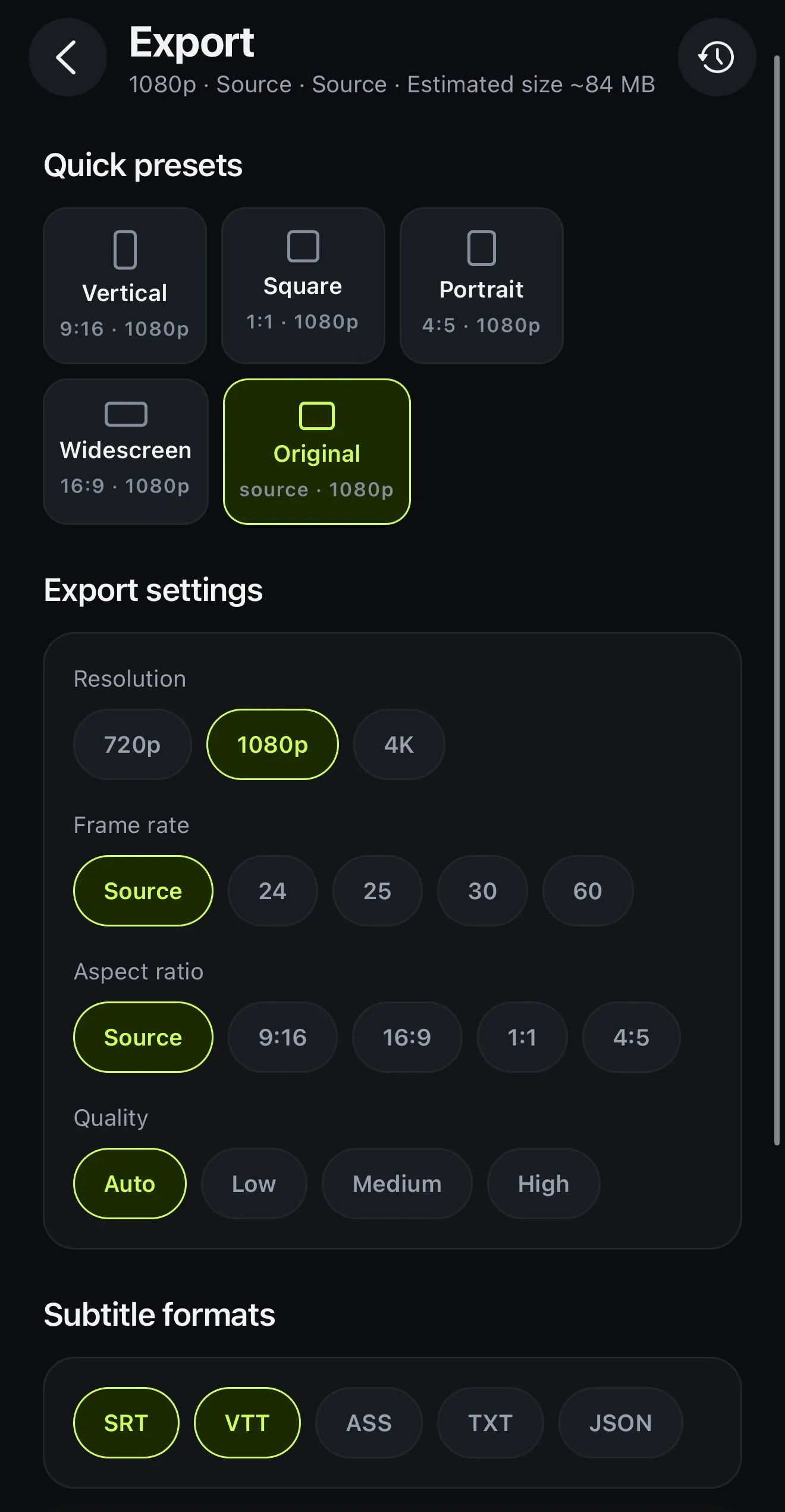Voxcene's Export screen with presets, resolution up to 4K and subtitle formats SRT, VTT, ASS, TXT and JSON
