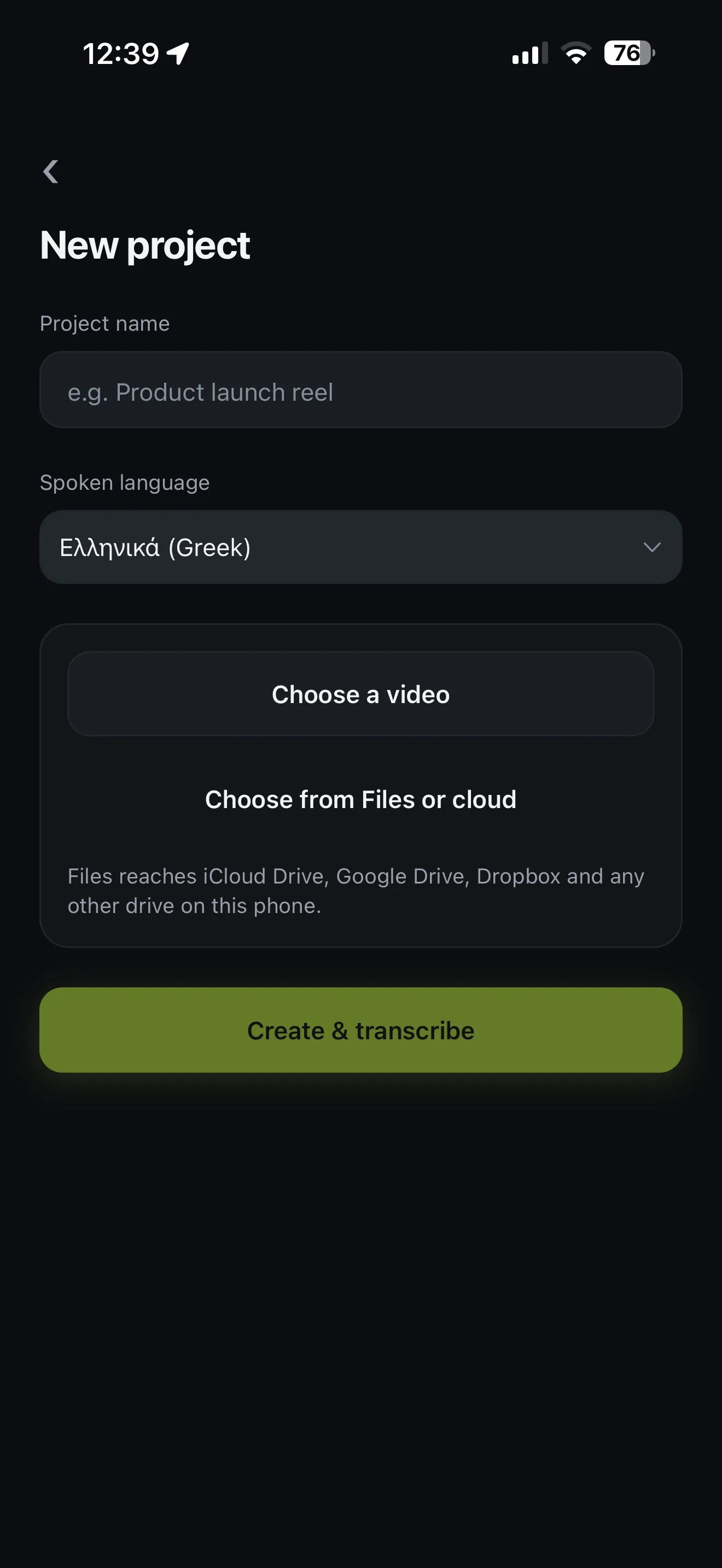 Voxcene's New project screen with Spoken language set to Greek