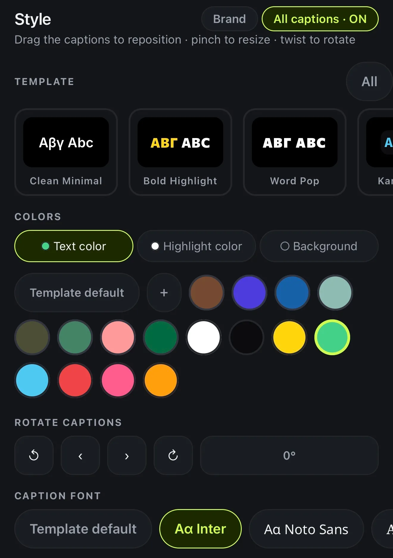 Voxcene's caption Style panel, with Greek caption templates, colours and the brand font options