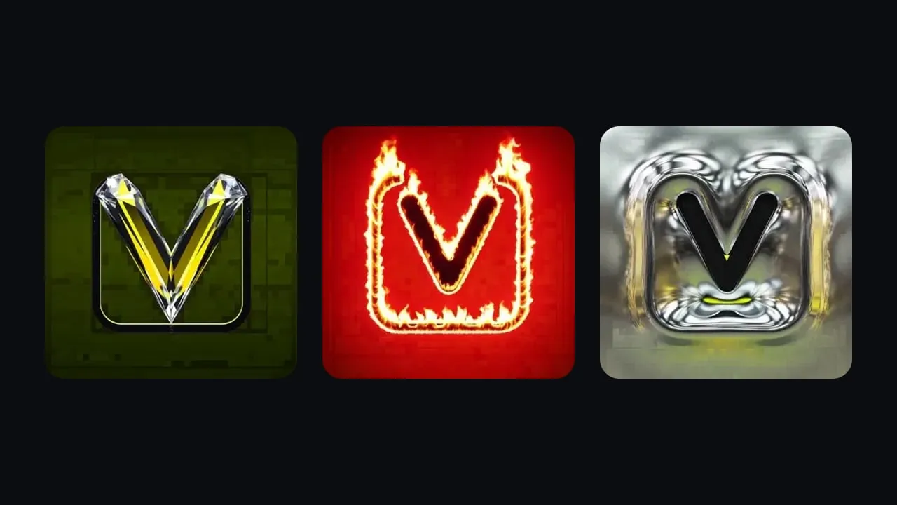 Three frames from Voxcene logo intros of the Voxcene mark: as a diamond, on fire, and in liquid metal