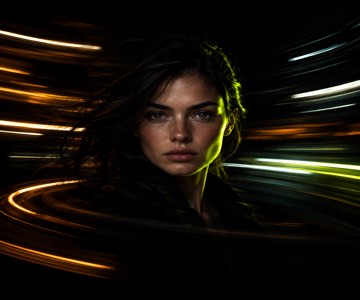 A still face while light streaks around her