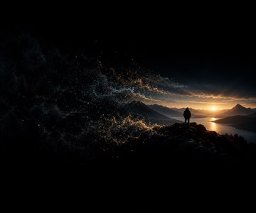 A frame resolving out of drifting light over mountains