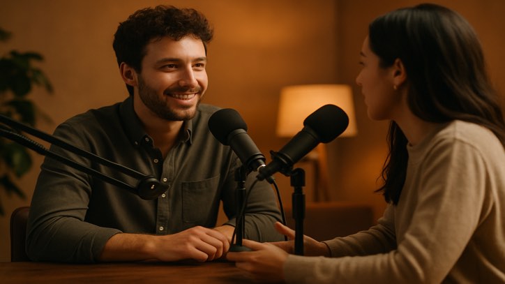 Two people talking into microphones across a table, both in shot